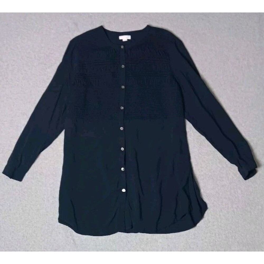 J Jill Smocked Long Sleeve Button Up Tunic  Size M Navy Blue Lagenlook Coastal